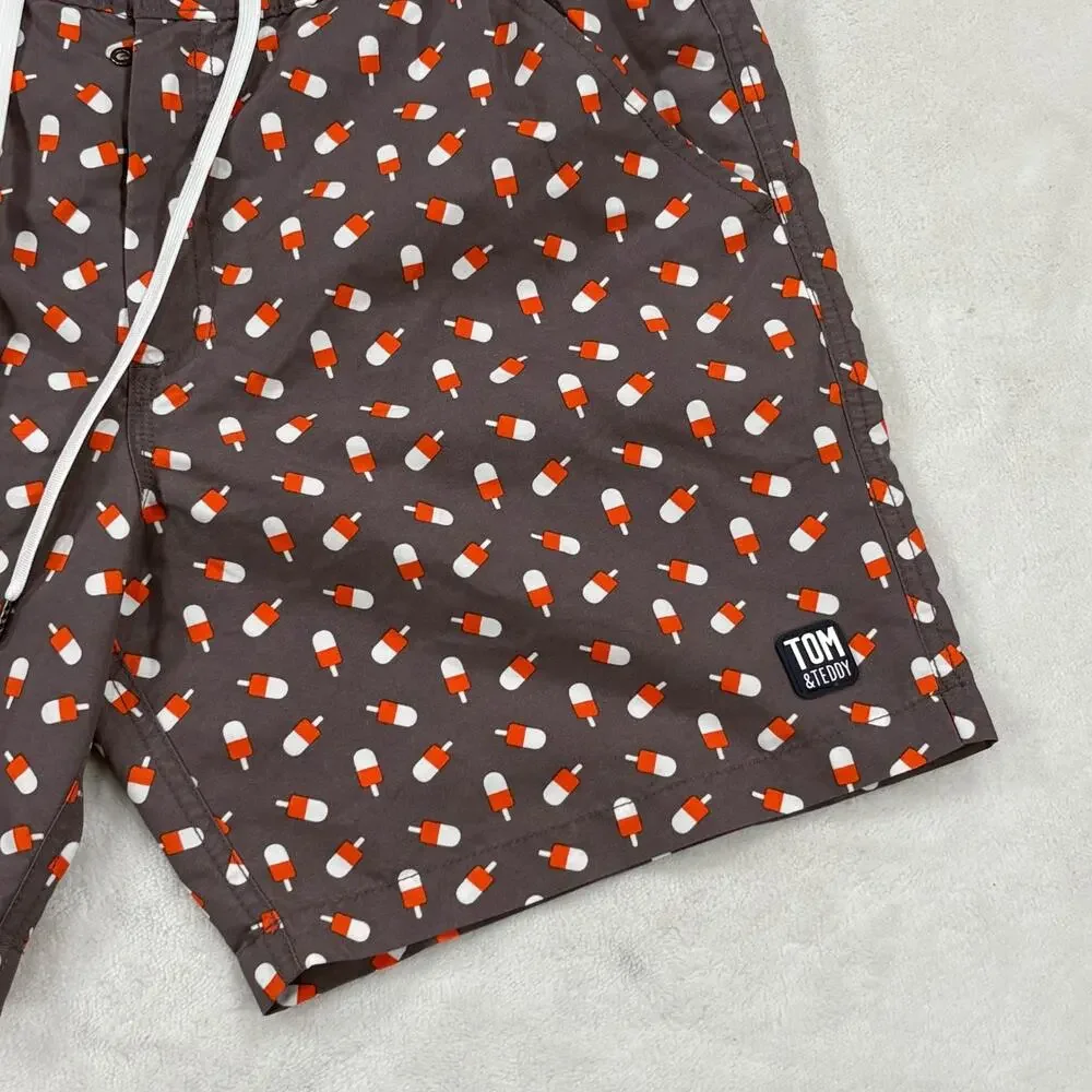 Tom & Teddy Mens Swim Shorts Grey Orange Popsicle Print Drawstring Mesh Lined M